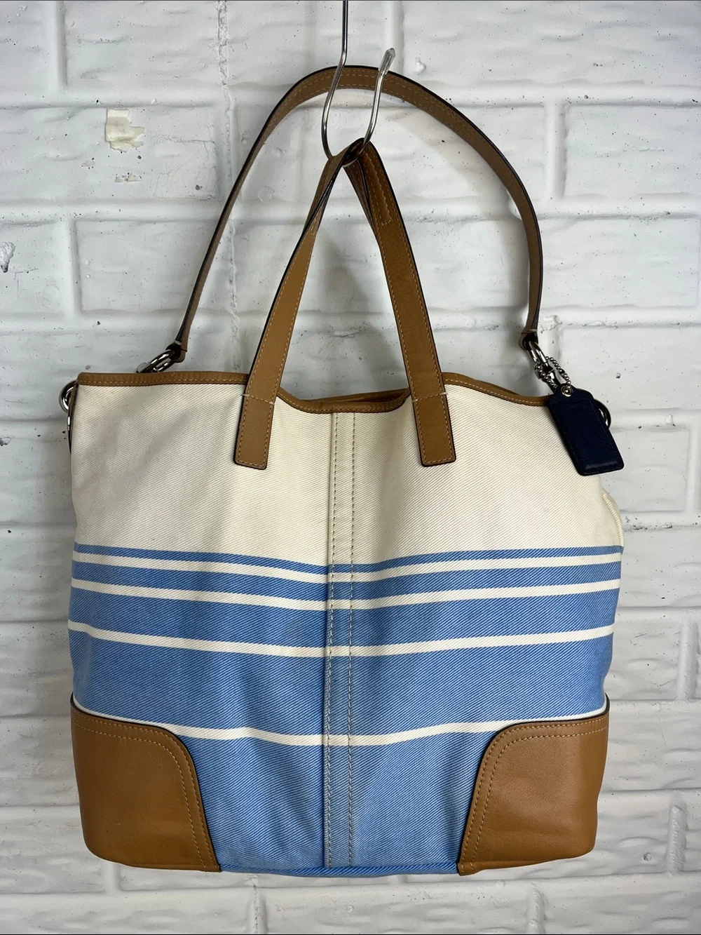 COACH HADLEY CANVAS AND LEATHER STRIPE TOTE BAG BLUE CREAM AND TAN